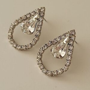 Earrings 𝅺Silver Tone Crystal Double Teardrop Earrings #0355